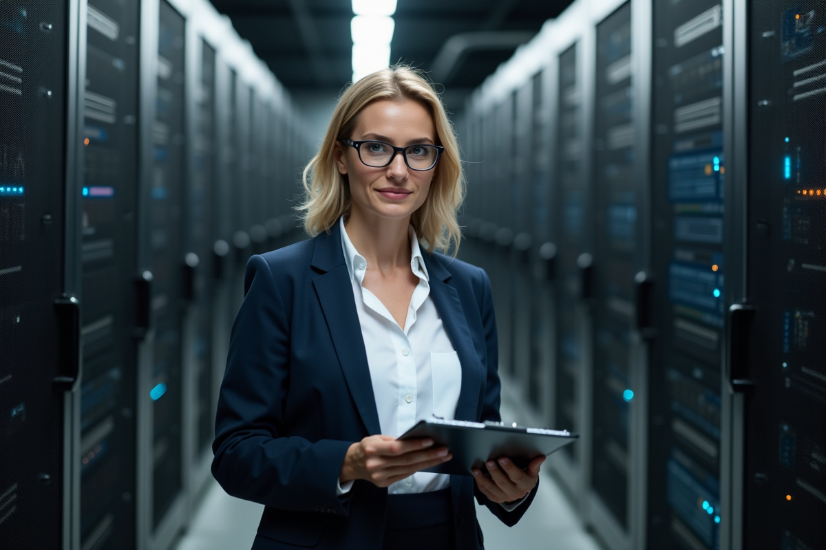 Femme en centre de données surveillant les serveurs