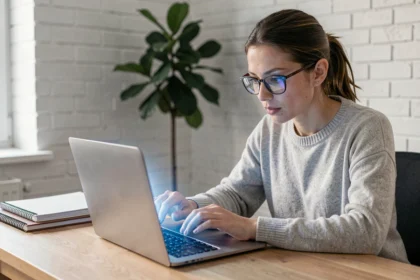 Femme utilisant une nouvelle interface de plateforme en ligne sur son ordinateur portable dans un bureau à domicile moderne