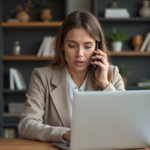 Femme utilisant un ordinateur et smartphone pour transcription vocale