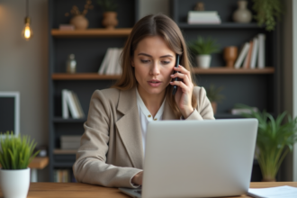 Femme utilisant un ordinateur et smartphone pour transcription vocale