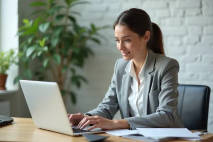 Femme utilisant un webmail académique sur ordinateur portable pour archiver et organiser ses emails