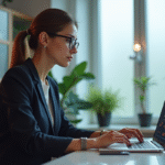 Femme professionnelle analysant des graphiques SEO en bureau moderne