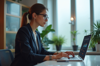 Femme professionnelle analysant des graphiques SEO en bureau moderne