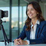 Femme professionnelle enregistrement vidéo en bureau moderne