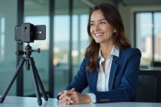Femme professionnelle enregistrement vidéo en bureau moderne