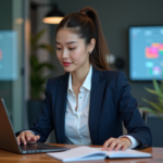 Jeune femme en costume travaillant sur un ordinateur avec visualisations de données