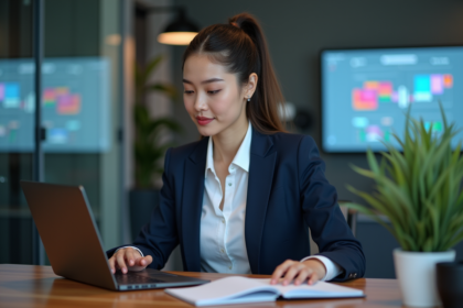 Jeune femme en costume travaillant sur un ordinateur avec visualisations de données