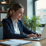 Femme en blazer navy utilisant un ordinateur pour définir un mot de passe