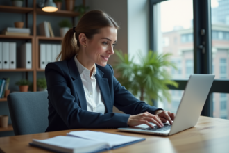 Femme en blazer navy utilisant un ordinateur pour définir un mot de passe