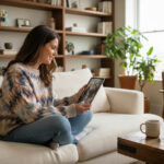 Jeune femme détendue avec tablette dans un salon cosy
