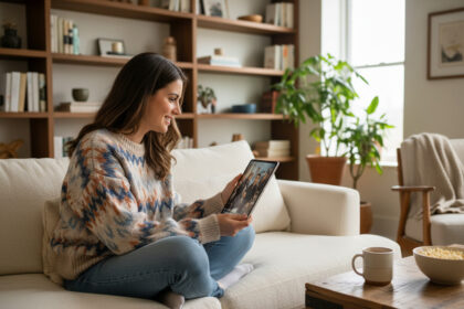 Jeune femme détendue avec tablette dans un salon cosy