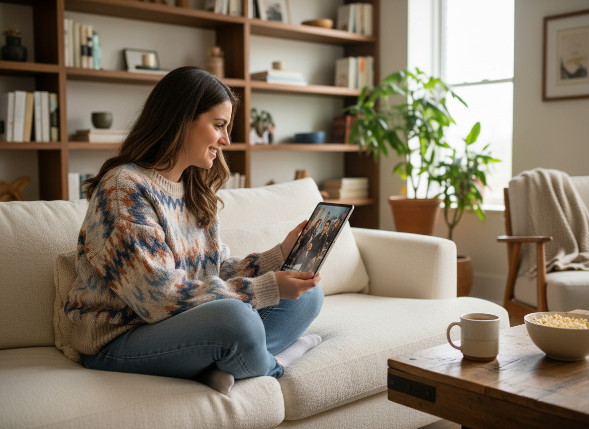 Jeune femme détendue avec tablette dans un salon cosy