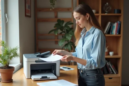 Jeune femme scanne un document dans un bureau moderne
