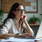 Femme concentrée travaillant sur son ordinateur dans un bureau SEO