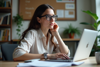 Femme concentrée travaillant sur son ordinateur dans un bureau SEO