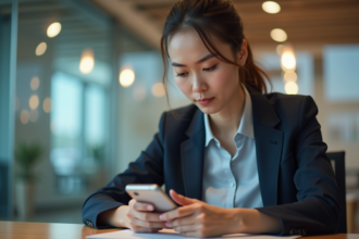 Jeune femme professionnelle utilisant son smartphone au bureau