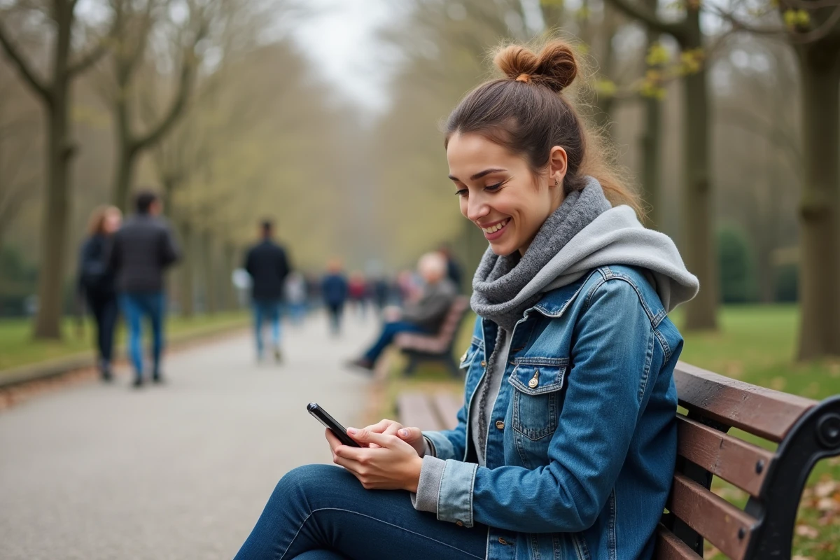 Femme en jean dans un parc avec smartphone en main