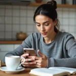 Femme examinant un smartphone reconditionné posé sur une table en bois dans une cuisine moderne