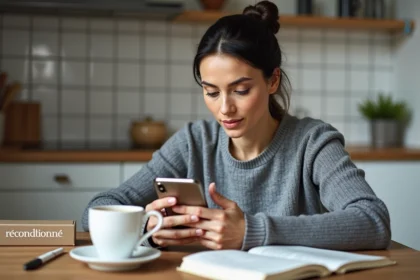 Femme examinant un smartphone reconditionné posé sur une table en bois dans une cuisine moderne