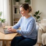 Femme souriante dans un bureau scandinave moderne