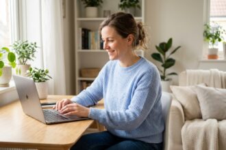 Femme souriante dans un bureau scandinave moderne
