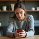 Jeune femme scrutant des stories Instagram sur son smartphone avec une expression dubitative, illustrant la question de l'accès aux comptes privés