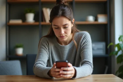 Jeune femme scrutant des stories Instagram sur son smartphone avec une expression dubitative, illustrant la question de l'accès aux comptes privés