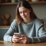 Femme hésitante tenant un smartphone affichant une interface de messagerie, réfléchissant à supprimer un contact sur Messenger