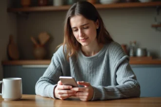 Femme hésitante tenant un smartphone affichant une interface de messagerie, réfléchissant à supprimer un contact sur Messenger
