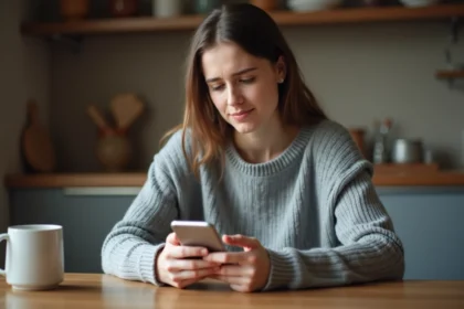 Femme hésitante tenant un smartphone affichant une interface de messagerie, réfléchissant à supprimer un contact sur Messenger