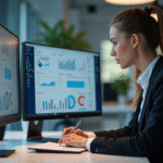Femme concentrée analysant des dashboards digitaux au bureau