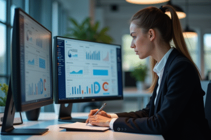 Femme concentrée analysant des dashboards digitaux au bureau