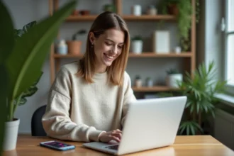 Jeune femme travaillant à domicile sur son ordinateur portable