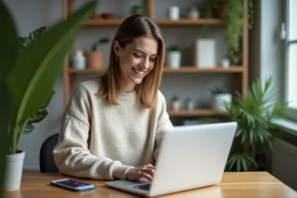 Jeune femme travaillant à domicile sur son ordinateur portable
