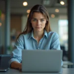 Femme concentrée travaillant sur un ordinateur en bureau moderne