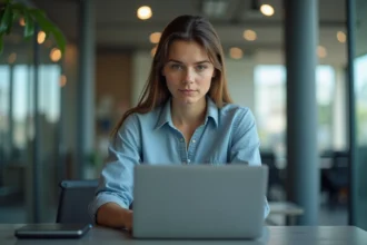 Femme concentrée travaillant sur un ordinateur en bureau moderne