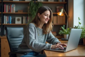Jeune femme concentrée sur son ordinateur dans un bureau moderne