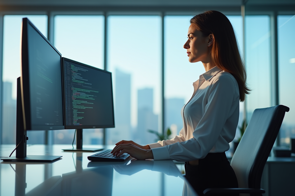 Femme professionnelle comparant des données sur deux écrans en entreprise