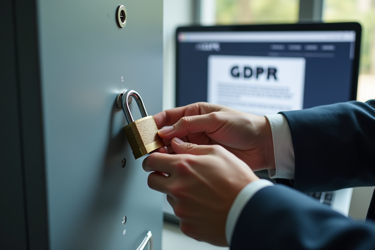 Main d'une personne verrouillant un coffre-fort avec un cadenas dans un bureau moderne