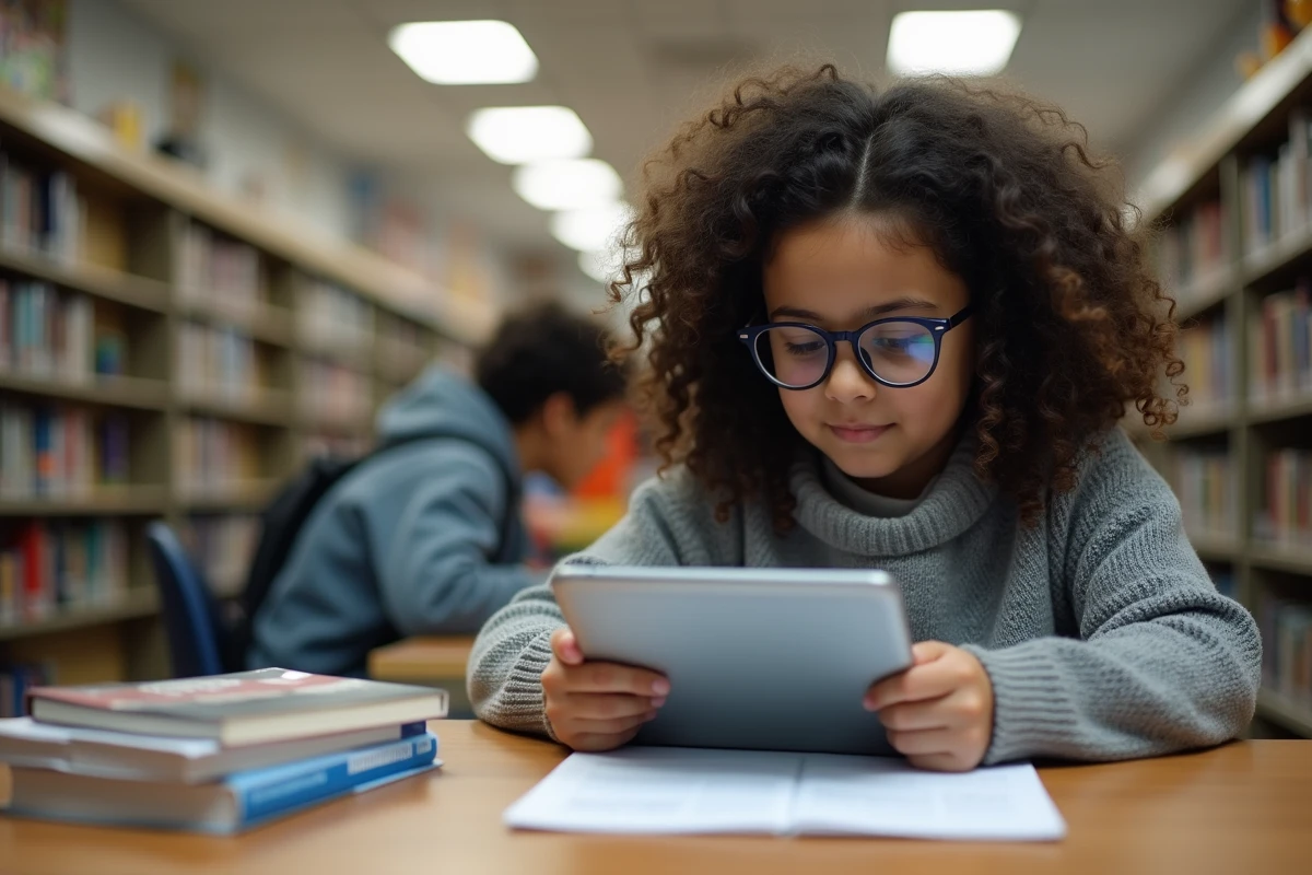 Fille de 13 ans vérifiant son emploi du temps à la bibliothèque