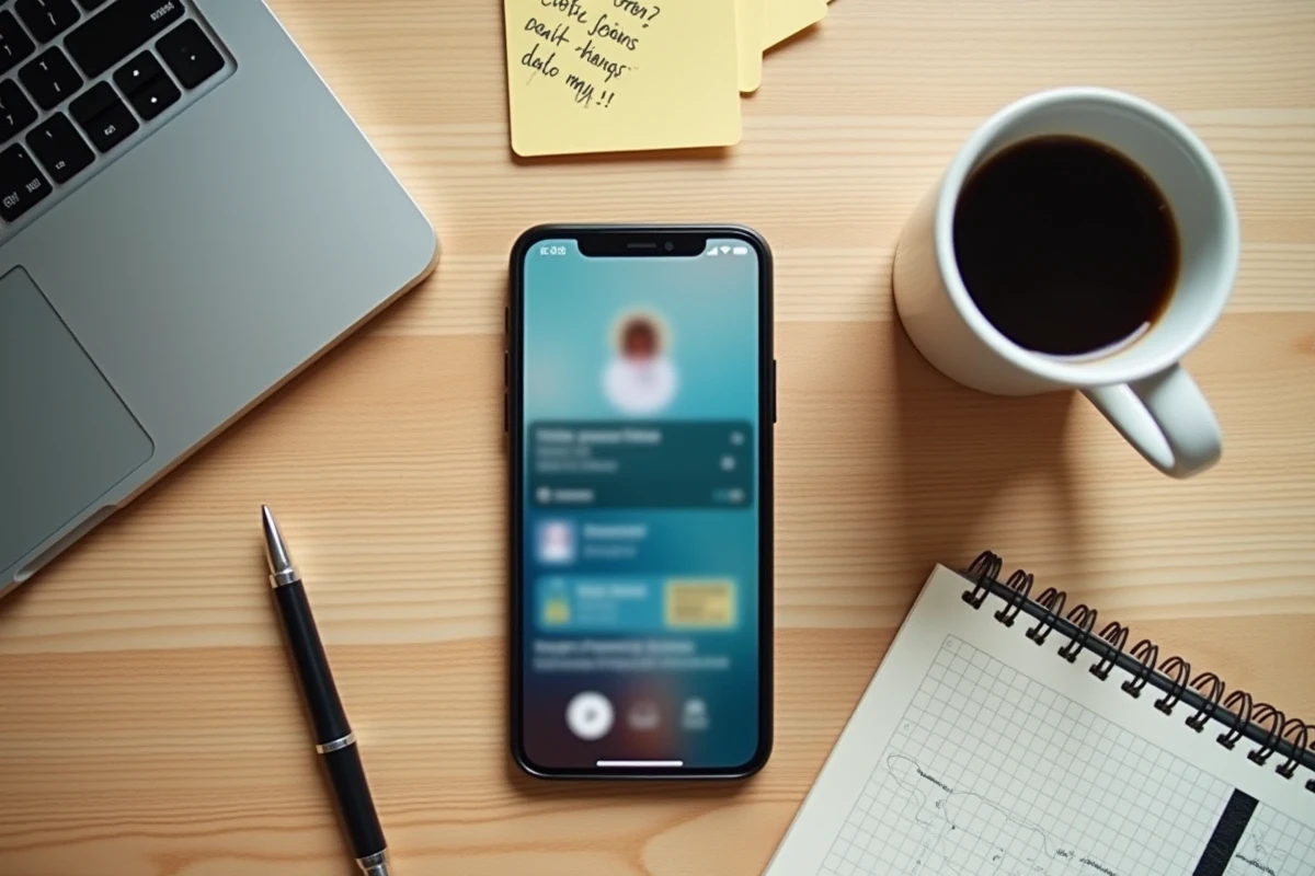 Vue en plongée d'un smartphone affichant un profil Instagram privé sur un bureau, entouré de notes de recherche, illustrant l'enquête sur StoriesIG