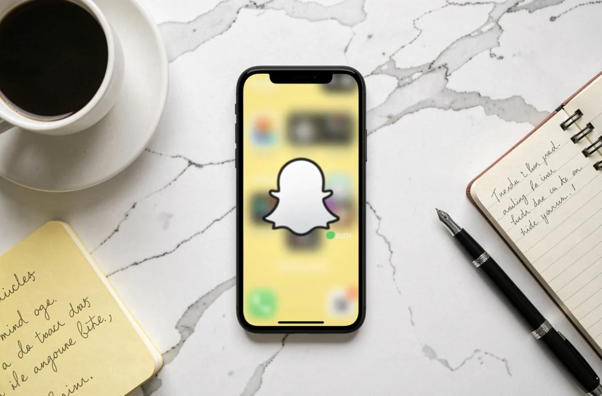 Vue de dessus d'un smartphone posé sur du marbre avec des accessoires de bureau, évoquant la confidentialité et l'anonymat sur Snapchat