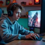 Jeune homme gamer concentré devant son ordinateur gaming
