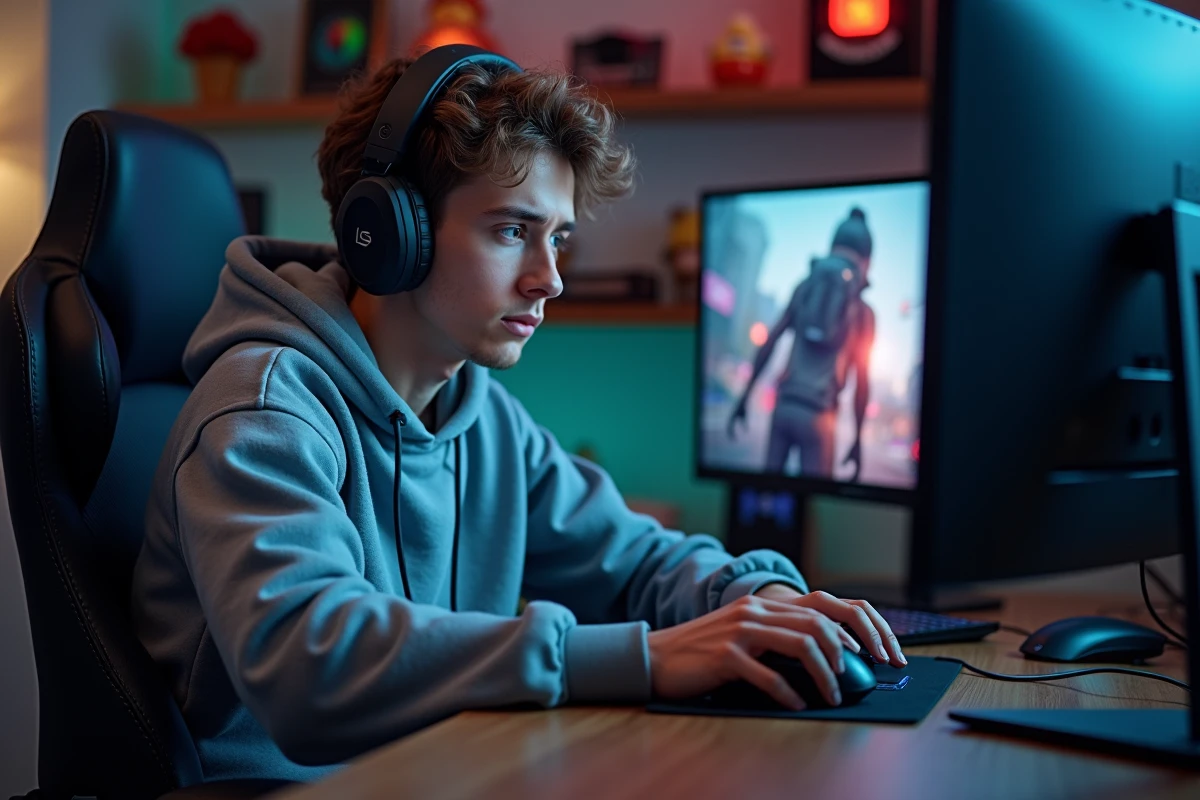 Jeune homme gamer concentré devant son ordinateur gaming