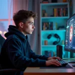 Jeune homme gamer concentré devant son PC dans sa chambre