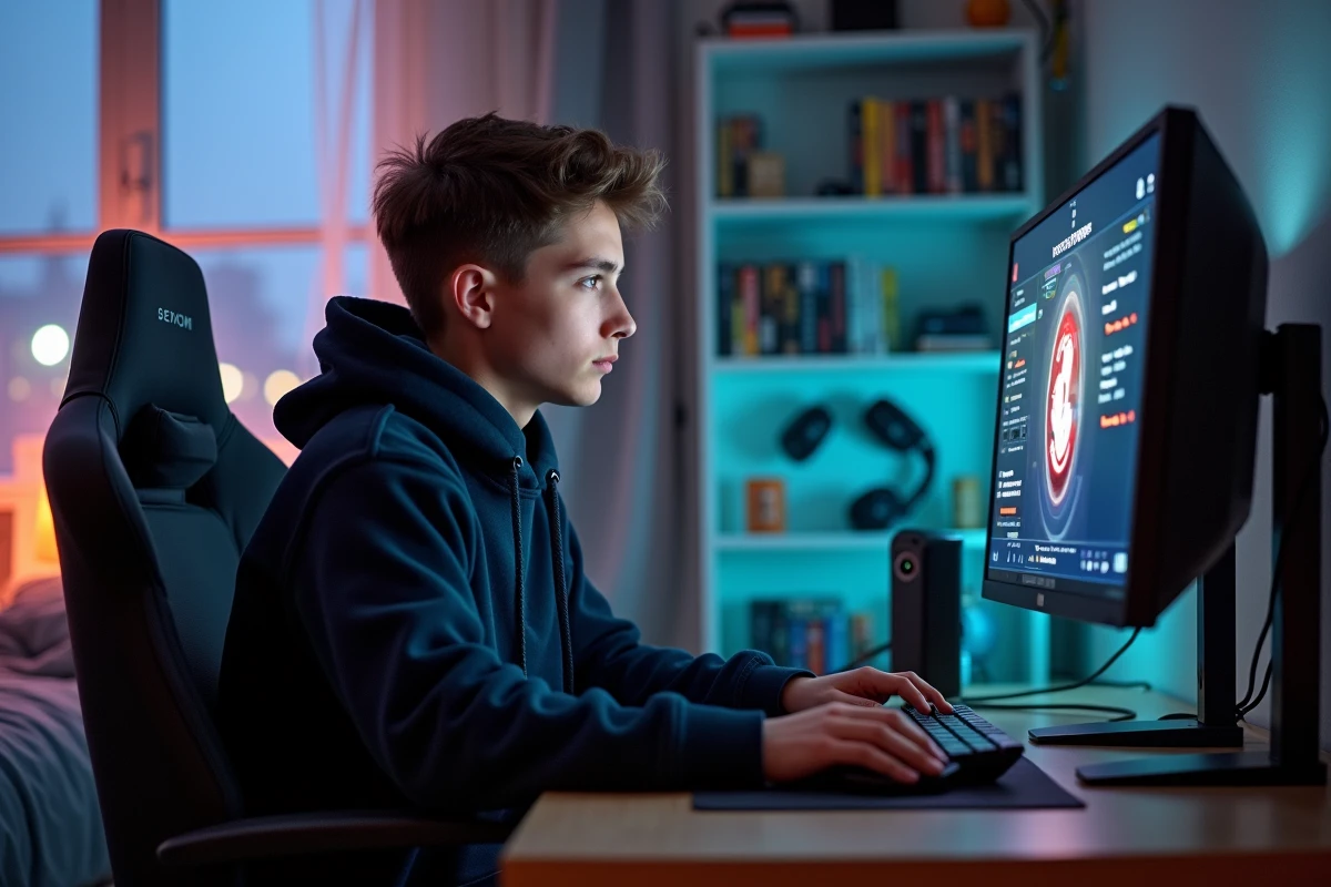 Jeune homme gamer concentré devant son PC dans sa chambre