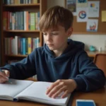 Garçon de 12 ans organisant son classeur dans sa chambre