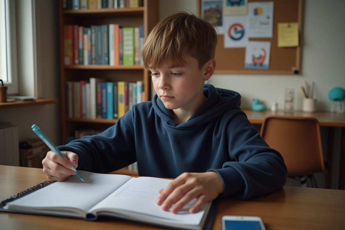 Garçon de 12 ans organisant son classeur dans sa chambre