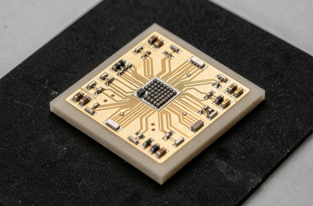 Gros plan macro sur un réseau de micro-capteurs MEMS sur substrat céramique, révélant les circuits dorés et structures en silicium gravé utilisés dans la conception de capteurs avancés
