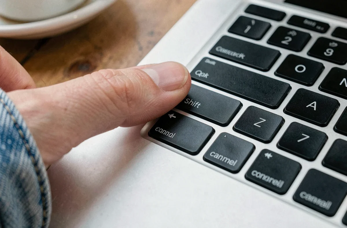Gros plan sur la touche Shift d'un clavier MacBook avec un pouce appuyant dessus, posé sur une table en bois dans un café